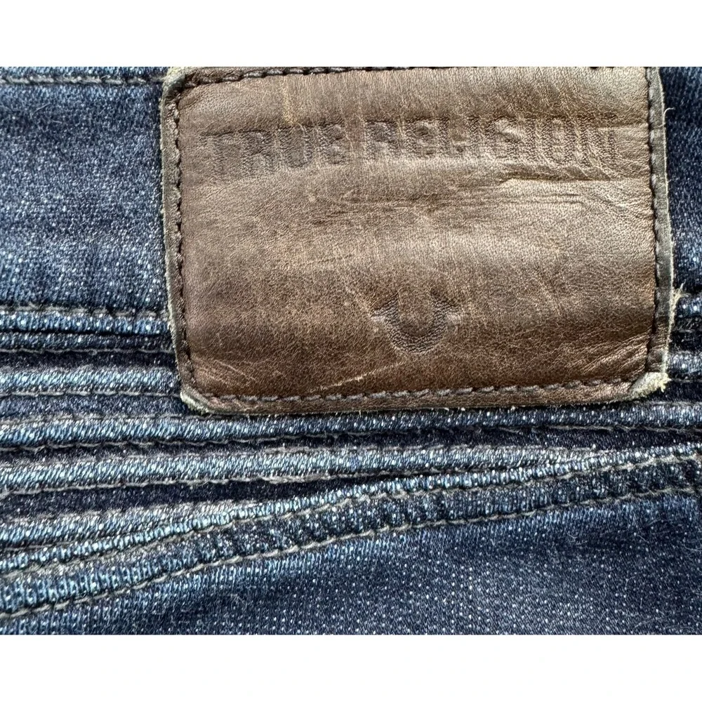 True Religion Jeans Blue Rocco Moto Relaxed Skinny Run Stitch Knee Stretch Sz 32